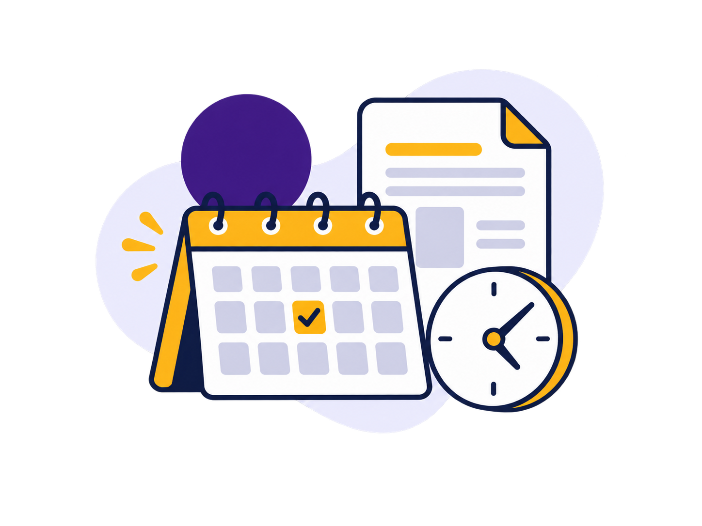 Calendar, publication document, and clock illustration